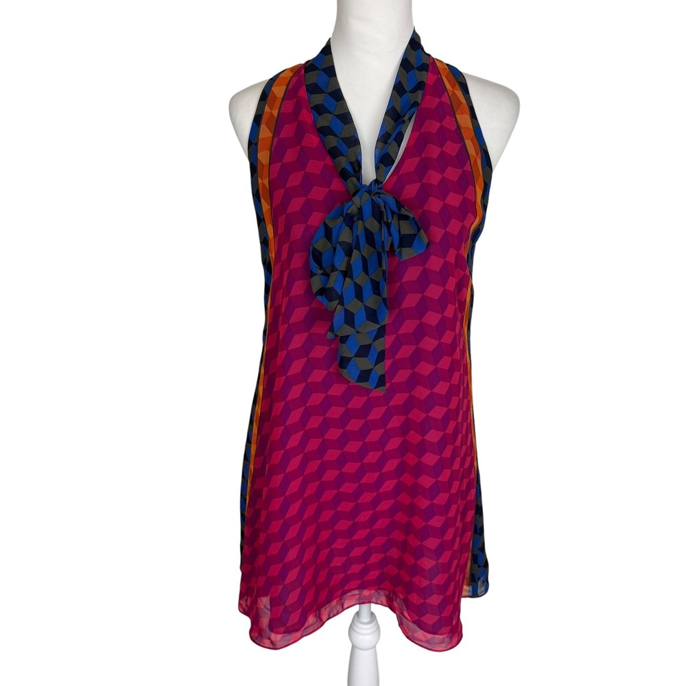Atina Cristina Geometric Cube Print Tie Neck Shift Mini Dress Pink Blue XS USA